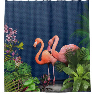 Cortina Para Box Flamingos cor-de-rosa em azul clássico e verde