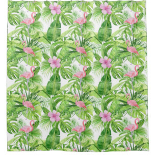 Cortina Para Box Flamingos cor-de-rosa na folhagem tropical em bran