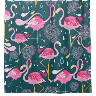 Cortina Para Box Flamingos Fllowers: Gráfico Escuro Sem Costura.