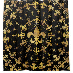 Cortina Para Box Fleur-de-lis - ornamento circular - Dourado e pret