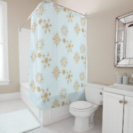 Cortina Para Box Floco de neve Dourado no padrão de Natal Azul e Fr