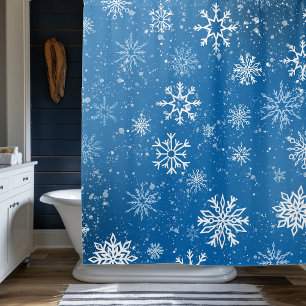 Cortina Para Box Flocos de Neve Azuis Clássico Inverno Branco
