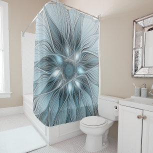 Cortina Para Box Flor Abstrata Alegre Azul Cinza Fractal Floral