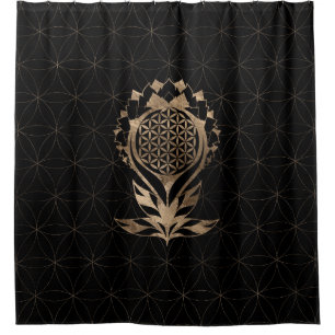 Cortina Para Box Flor da vida Lotus - Preto e Dourado