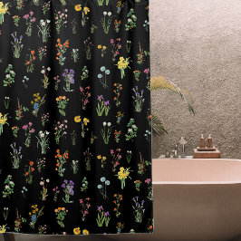 Cortina Para Box Flor de Água Preta Floral Botânico