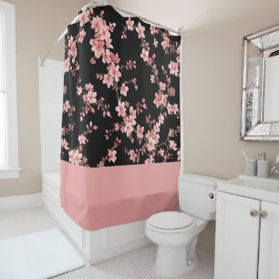 Cortina Para Box Flor de Cerejeira Japonesa Rosa Bege Preto