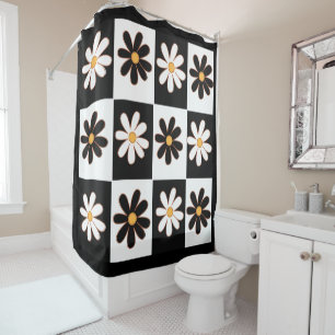 Cortina Para Box Flor de Margarida Floral Retro Preto e Branco