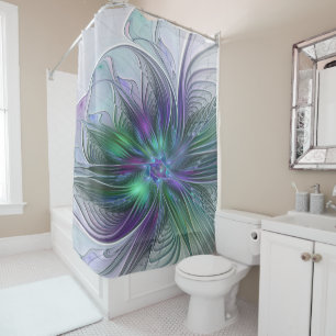 Cortina Para Box Flor Moderna Arte Abstrata Fractal Roxo Verde
