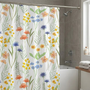 Cortina Para Box Flor Silvestre Aquarela Laranja Amarelo Azul