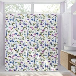Cortina Para Box Flor Silvestre Aquarela Roxo Azul