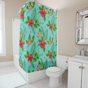 Cortina Para Box Flor tropical coral bonito do hibiscus na turquesa
