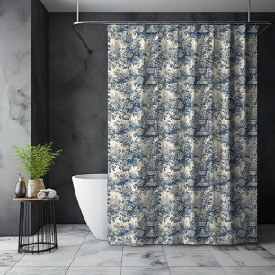 Cortina Para Box Floral Azul Toile de Jouy País Francês