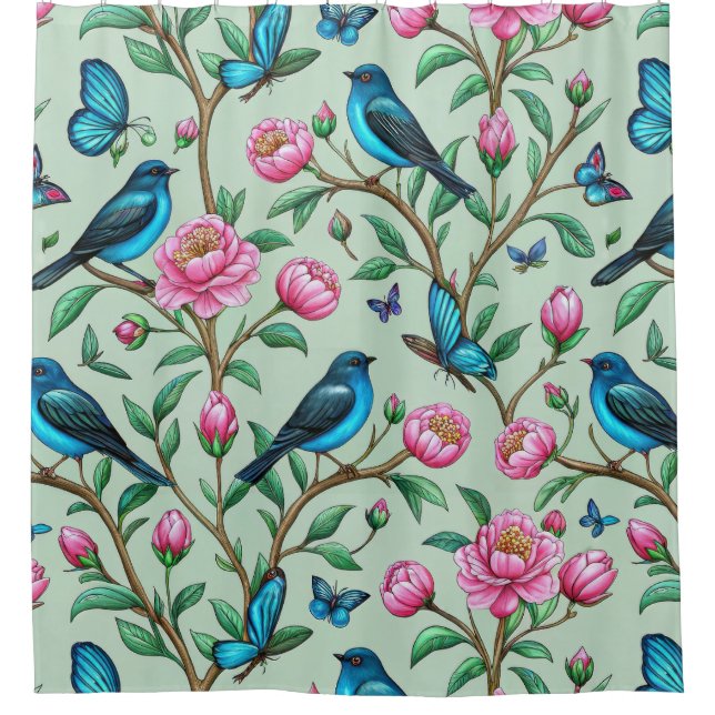 Cortina Para Box Floral Birds Pattern on Mint Background (4) (Frente)