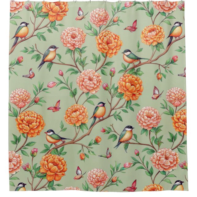 Cortina Para Box Floral Birds Pattern on Mint Background (7) (Frente)