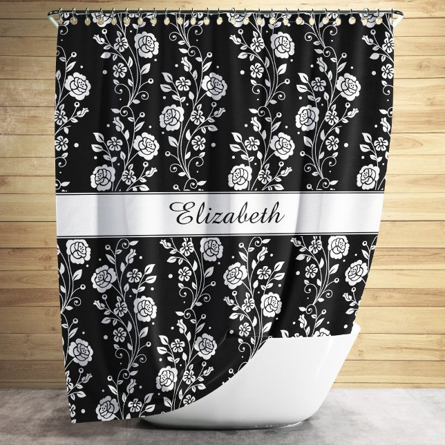 Cortina Para Box Floral Branco e Preto Elegante (Elegant Black And White Floral Shower Curtain)
