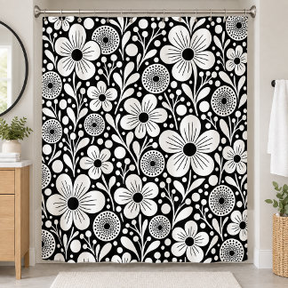 Cortina Para Box Floral Caprichoso Preto e Branco