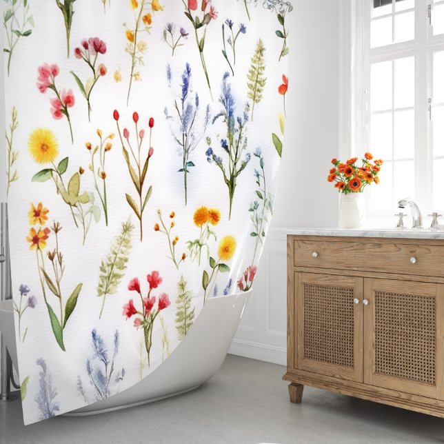 Cortina Para Box Floral de Aquarela Moderna e Elegante (Wildflower Modern Elegant Watercolor Floral Shower Curtain)