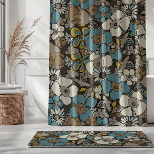 Cortina Para Box Floral Doodles Azul Turco Marrom Mostarda