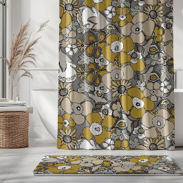 Cortina Para Box Floral Doodles Mostarda Bege Taupe Cinza Preto