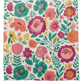 Cortina Para Box Floral Folclórico em Azul Turquesa e Magenta