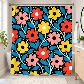 Cortina Para Box Floral Folk Moderno Preto