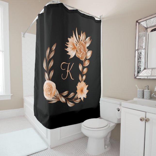 Cortina Para Box Floral Preto Marrom e Bege Monogramado  (In Situ)