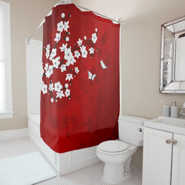 Cortina Para Box Floral Red White Cherry Blossom Oriental (In Situ)