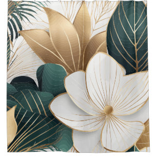 Cortina Para Box Floral Verde-Elegante, Dourado e Branco