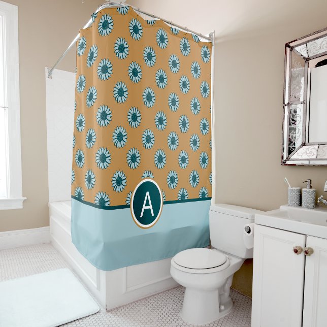 Cortina Para Box Flores Azuis de Girassol Monograma (Monogram Sunflower Blue Floral Shower Curtain from Studio Posies. )