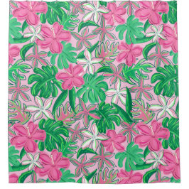 Cortina Para Box Flores Brancas Rosa Tropical Folhas de Palmeira Pr