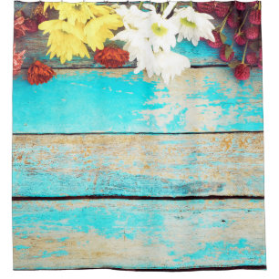 Cortina Para Box Flores coloridas, borda de madeira vintage.