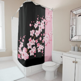 Cortina Para Box Flores Cor-de-rosa Toalha Preta e Rosa