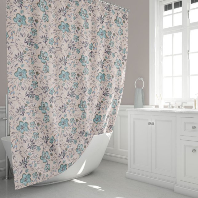 Cortina Para Box Flores de Aquarela Chic (Elegant Blue Chic Taupe Watercolor Flowers Shower Curtain from Studio Posies.)