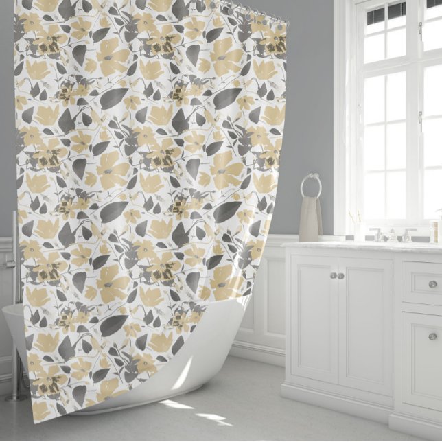 Cortina Para Box Flores De Aquarelas Da Cinza Amarela Clematis (Clematis Yellow Gray Floral Watercolor Flowers Shower Curtain from Studio Posies.)