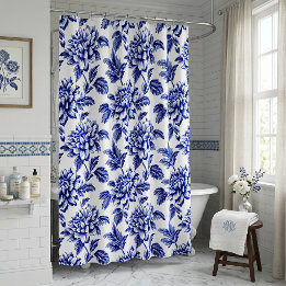 Cortina Para Box Flores de Dália Azul e Branca Toile de Jouy