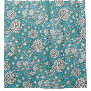 Cortina Para Box Flores De Folhagem De Prata Floral Azul Vintage