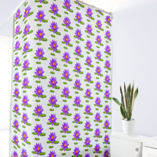Cortina Para Box Flores de Lótus Roxo e Folhas de Nenúfar em Branco