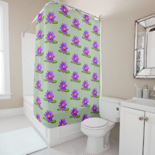 Cortina Para Box Flores de Lótus Roxo & Folha de Nenúfar em Verde L