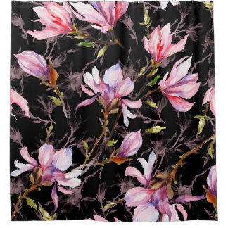 Cortina Para Box Flores de magnólia cor-de-rosa com padrão de galho