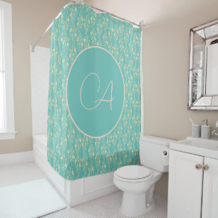 Cortina Para Box Flores Douradas em cascata no Monograma do Teal