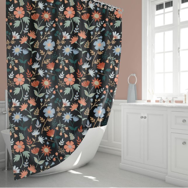 Cortina Para Box Flores E Folhas Modernas (Modern Flowers And Leaves Girly Black Orange Blue Shower Curtain from Studio Posies.)