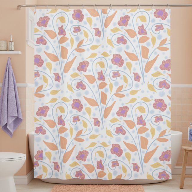 Cortina Para Box Flores e Folhas Pintadas à Mão (Turn your bathroom into a floral daydream. Soft pastel hand drawn fantasy flowers.)