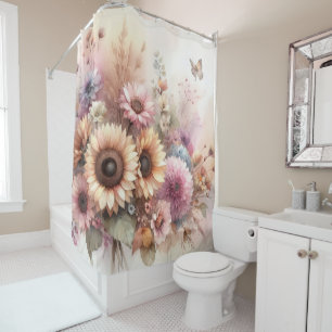 Cortina Para Box Flores e girassóis, pastos de aquarela