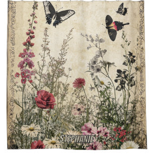 Cortina Para Box Flores, Pássaros e Borboletas em Papel Vencido (2)