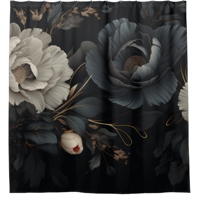 Cortina Para Box Flores Pretas e Brancas (Frente)