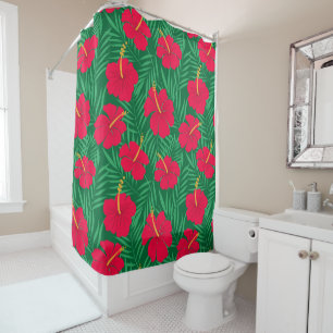 Cortina Para Box Flores Red Hibiscus em Folhas Tropicais Verdes