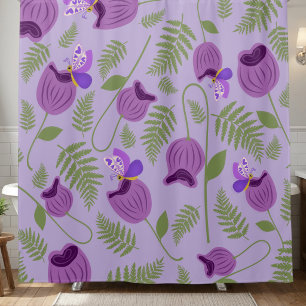 Cortina Para Box Flores Roxas Desenhadas à Mão, Samambaias e Borbol