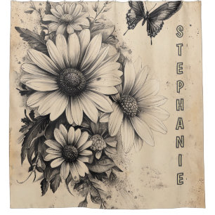 Cortina Para Box Flores russas e borboletas - Papel envelhecido (11