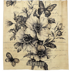 Cortina Para Box Flores russas e borboletas - Papel envelhecido (9)