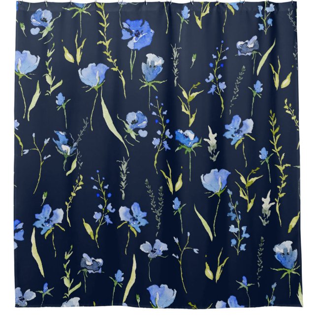 Cortina Para Box Flores Rusticas Azuis: Ilustração Botânica. (Frente)